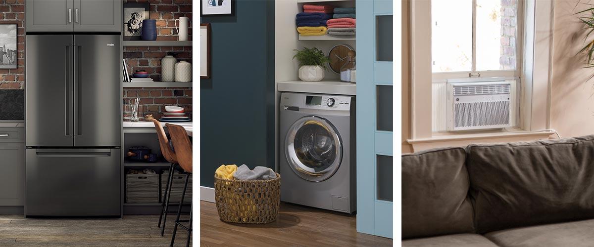 Photo collage of Haier appliance products - kitchen, laundry, room air Photo collage of Haier appliance products - kitchen, laundry, room air
