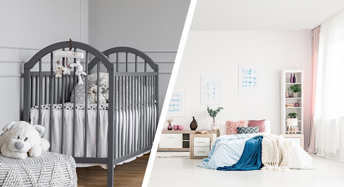 Photo of crib in small sized baby room and bed in large sized bedroom Photo of crib in small sized baby room and bed in large sized bedroom