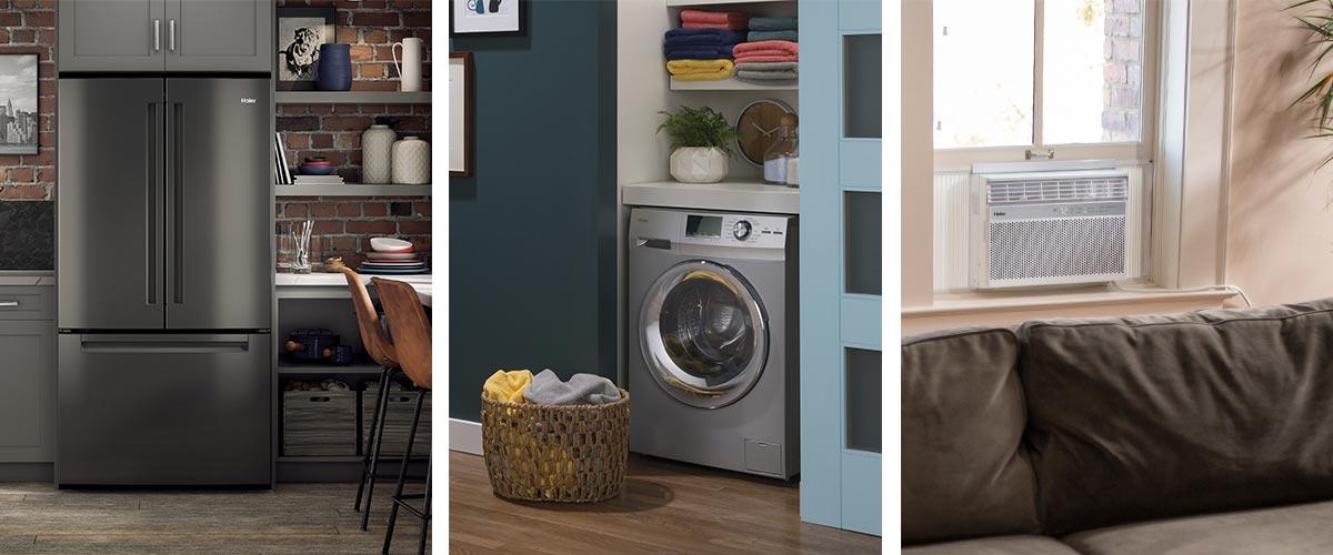 Photo collage of Haier appliance products - kitchen, laundry, room air Photo collage of Haier appliance products - kitchen, laundry, room air